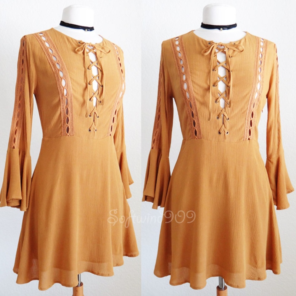 Last☝️Forever 21 Mustard Lace Up Cute Skater Dress - Picture 2 of 8